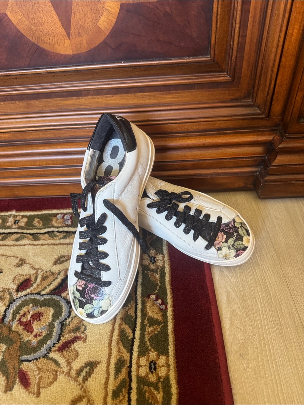 P448 White Leathert Sneakers with Floral Toe and Black Laces